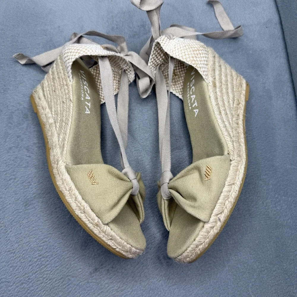 Viscata Barcelona Rosas Canvas Espadrille Wedges EU 41 US 10 Beige Ankle Tie
